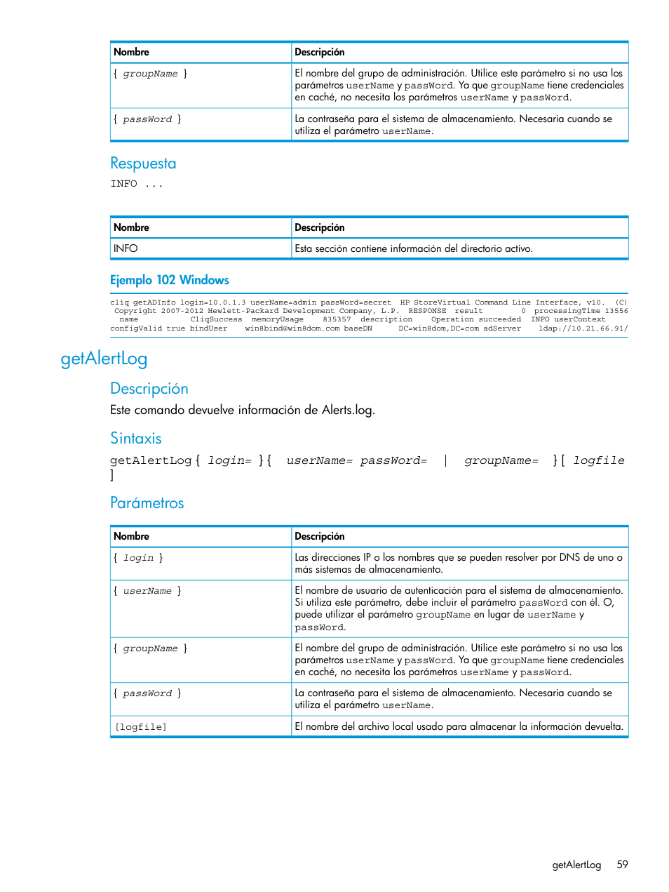 Getalertlog, Respuesta, Descripción | Sintaxis, Parámetros | HP Software de dispositivo HP LeftHand P4000 Virtual SAN User Manual | Page 59 / 127