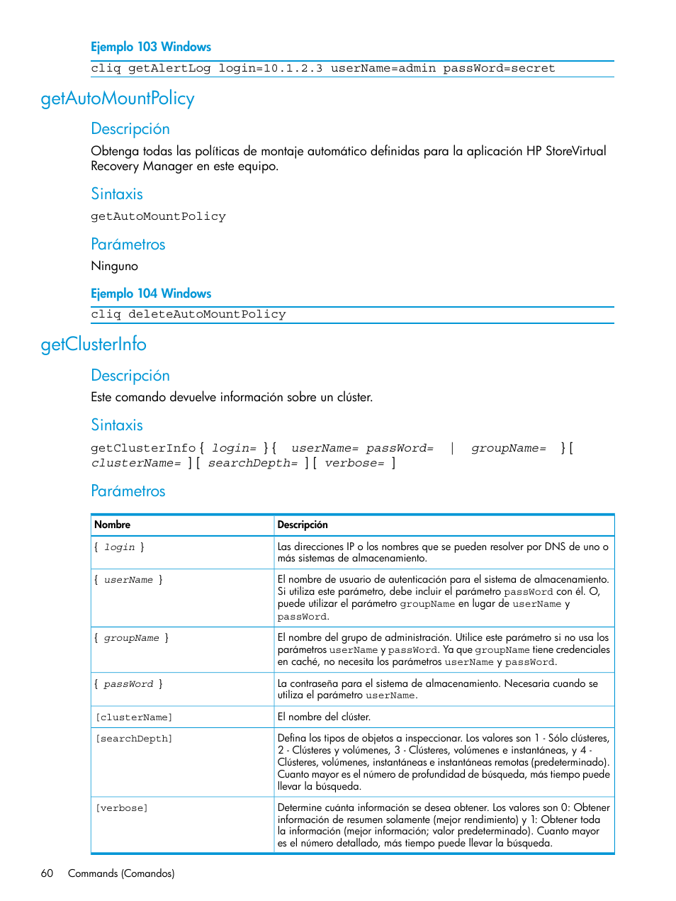 Getautomountpolicy, Getclusterinfo, Getautomountpolicy getclusterinfo | Descripción, Sintaxis, Parámetros | HP Software de dispositivo HP LeftHand P4000 Virtual SAN User Manual | Page 60 / 127