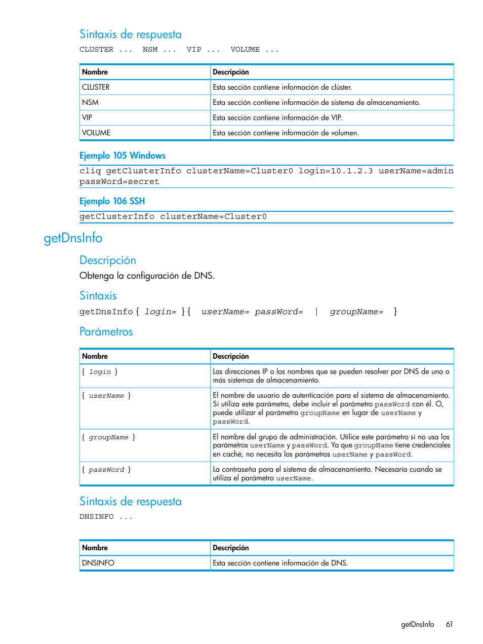 Getdnsinfo, Sintaxis de respuesta, Descripción | Sintaxis, Parámetros | HP Software de dispositivo HP LeftHand P4000 Virtual SAN User Manual | Page 61 / 127