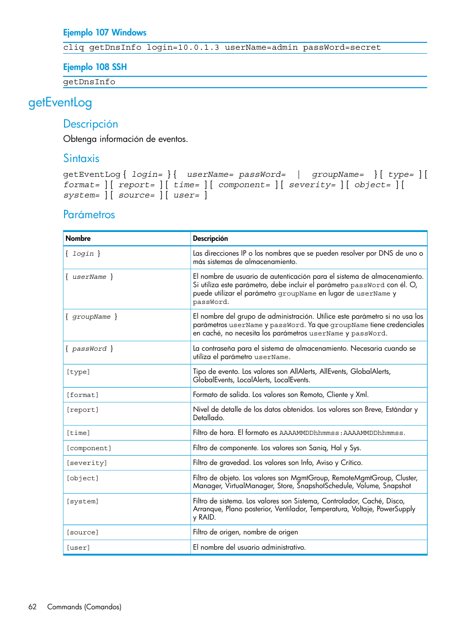 Geteventlog, Descripción, Sintaxis | Parámetros | HP Software de dispositivo HP LeftHand P4000 Virtual SAN User Manual | Page 62 / 127