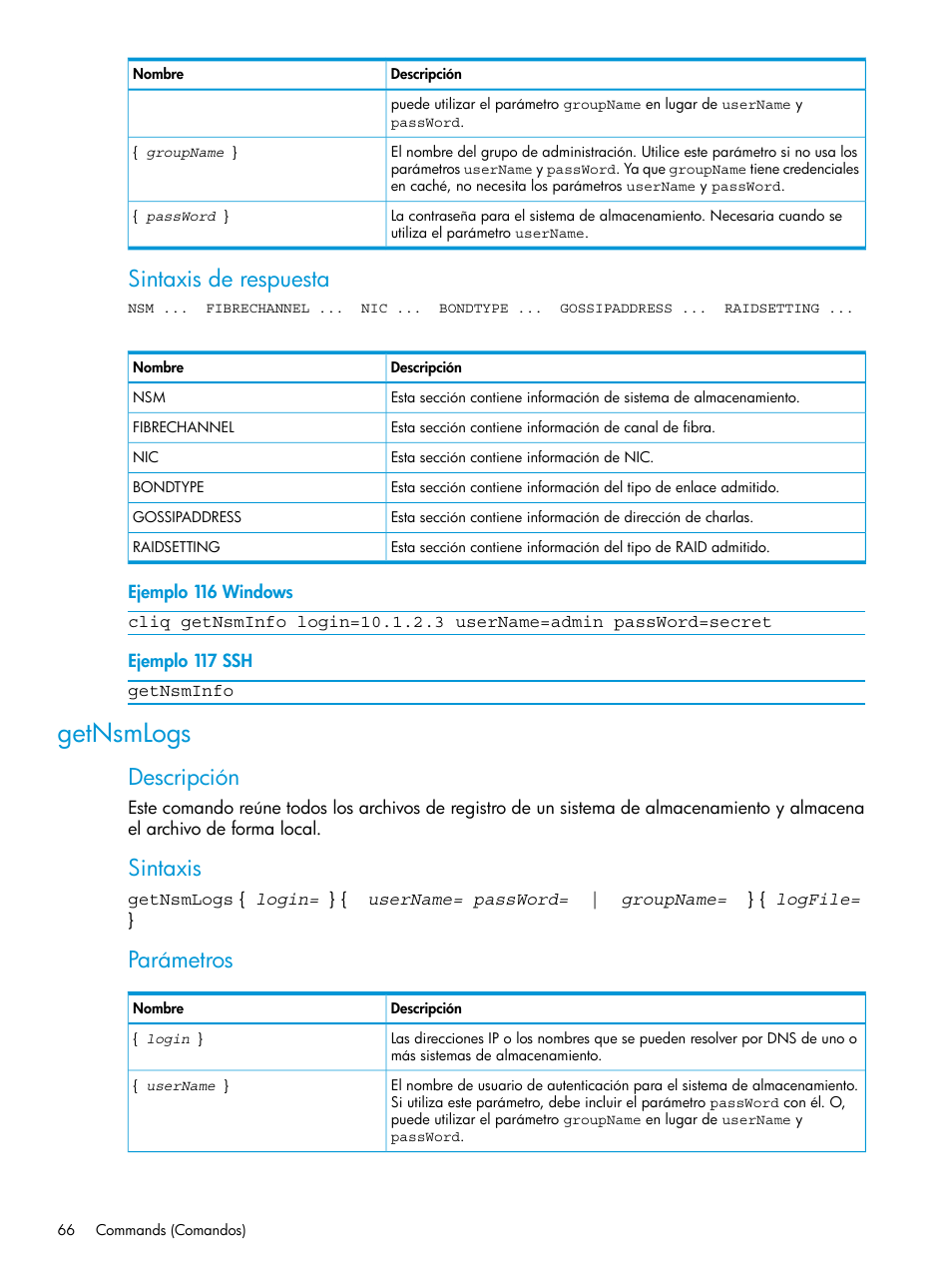 Getnsmlogs, Sintaxis de respuesta, Descripción | Sintaxis, Parámetros | HP Software de dispositivo HP LeftHand P4000 Virtual SAN User Manual | Page 66 / 127