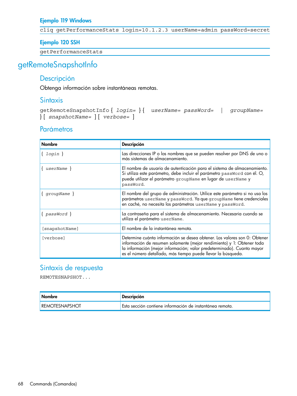Getremotesnapshotinfo, Descripción, Sintaxis | Parámetros, Sintaxis de respuesta | HP Software de dispositivo HP LeftHand P4000 Virtual SAN User Manual | Page 68 / 127