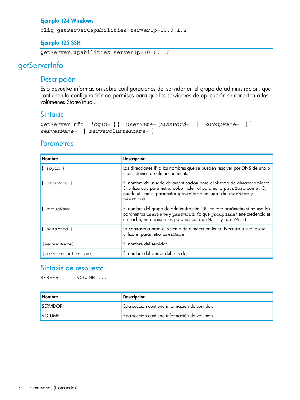 Getserverinfo, Descripción, Sintaxis | Parámetros, Sintaxis de respuesta | HP Software de dispositivo HP LeftHand P4000 Virtual SAN User Manual | Page 70 / 127