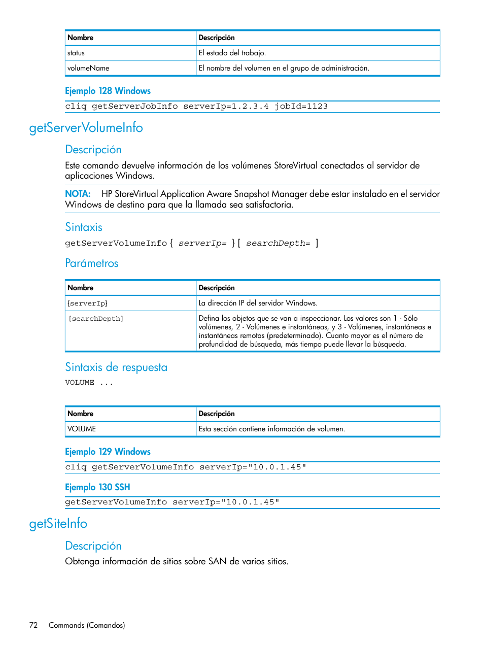 Getservervolumeinfo, Getsiteinfo, Getservervolumeinfo getsiteinfo | Descripción, Sintaxis, Parámetros, Sintaxis de respuesta | HP Software de dispositivo HP LeftHand P4000 Virtual SAN User Manual | Page 72 / 127