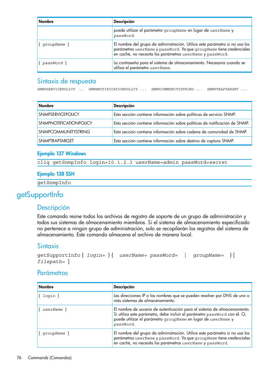 Getsupportinfo, Sintaxis de respuesta, Descripción | Sintaxis, Parámetros | HP Software de dispositivo HP LeftHand P4000 Virtual SAN User Manual | Page 76 / 127
