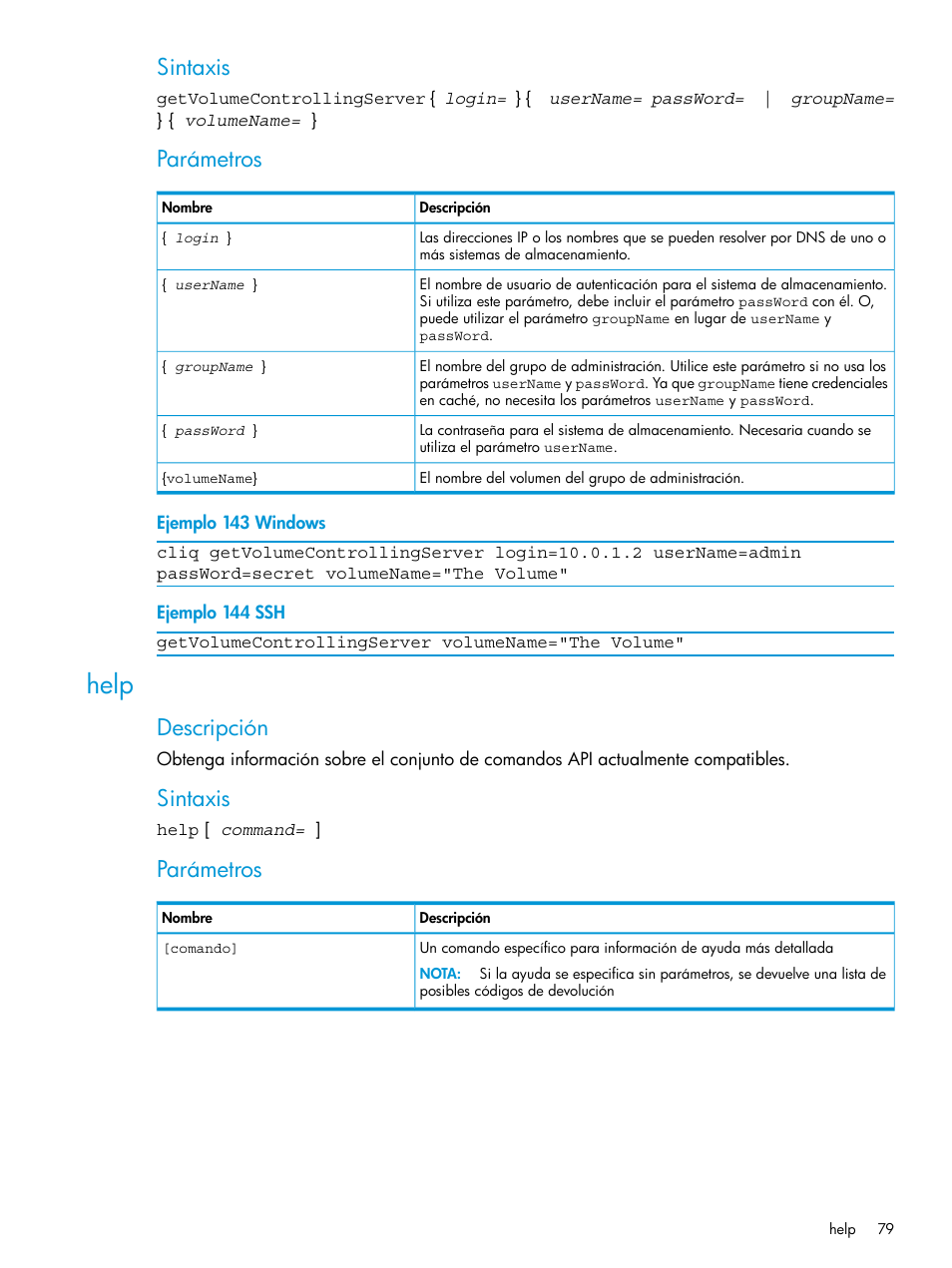 Help, Sintaxis, Parámetros | Descripción | HP Software de dispositivo HP LeftHand P4000 Virtual SAN User Manual | Page 79 / 127