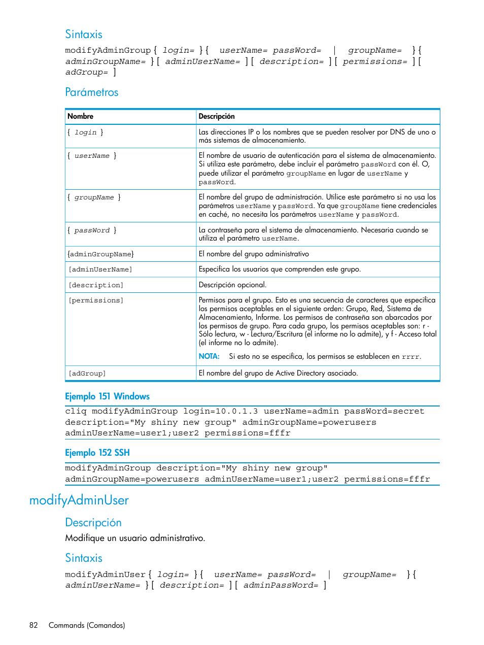 Modifyadminuser, Sintaxis, Parámetros | Descripción | HP Software de dispositivo HP LeftHand P4000 Virtual SAN User Manual | Page 82 / 127