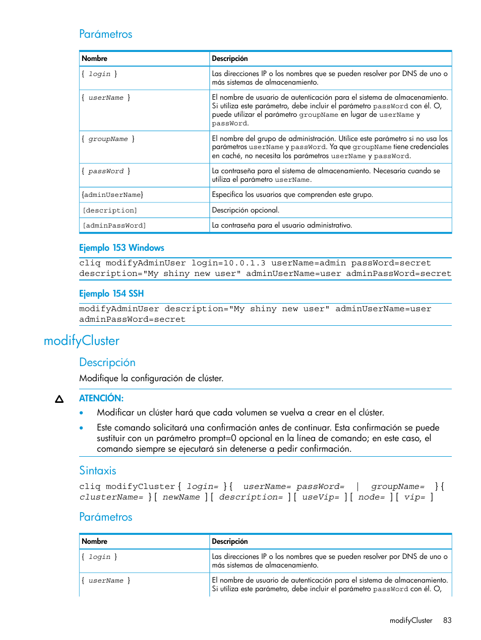 Modifycluster, Parámetros, Descripción | Sintaxis | HP Software de dispositivo HP LeftHand P4000 Virtual SAN User Manual | Page 83 / 127