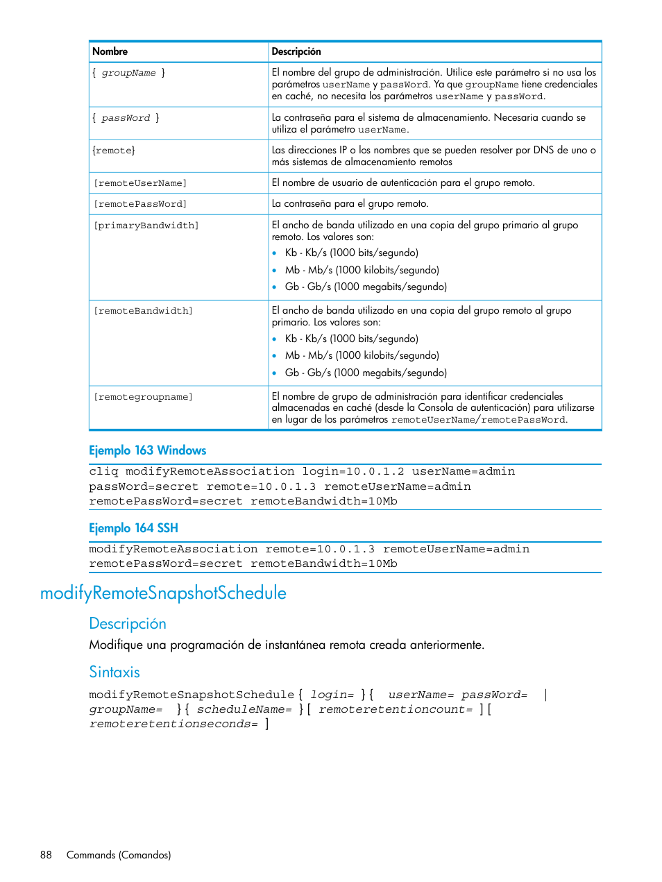 Modifyremotesnapshotschedule, Descripción, Sintaxis | HP Software de dispositivo HP LeftHand P4000 Virtual SAN User Manual | Page 88 / 127