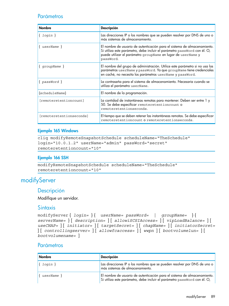 Modifyserver, Parámetros, Descripción | Sintaxis | HP Software de dispositivo HP LeftHand P4000 Virtual SAN User Manual | Page 89 / 127