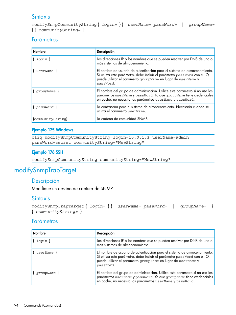 Modifysnmptraptarget, Sintaxis, Parámetros | Descripción | HP Software de dispositivo HP LeftHand P4000 Virtual SAN User Manual | Page 94 / 127