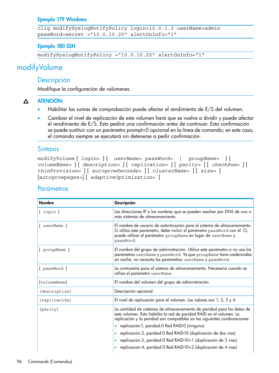 Modifyvolume, Descripción, Sintaxis | Parámetros | HP Software de dispositivo HP LeftHand P4000 Virtual SAN User Manual | Page 96 / 127