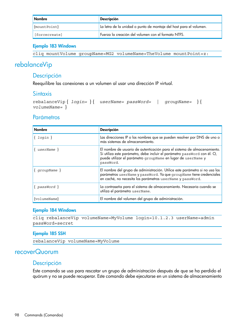 Rebalancevip, Recoverquorum, Descripción | Sintaxis, Parámetros | HP Software de dispositivo HP LeftHand P4000 Virtual SAN User Manual | Page 98 / 127