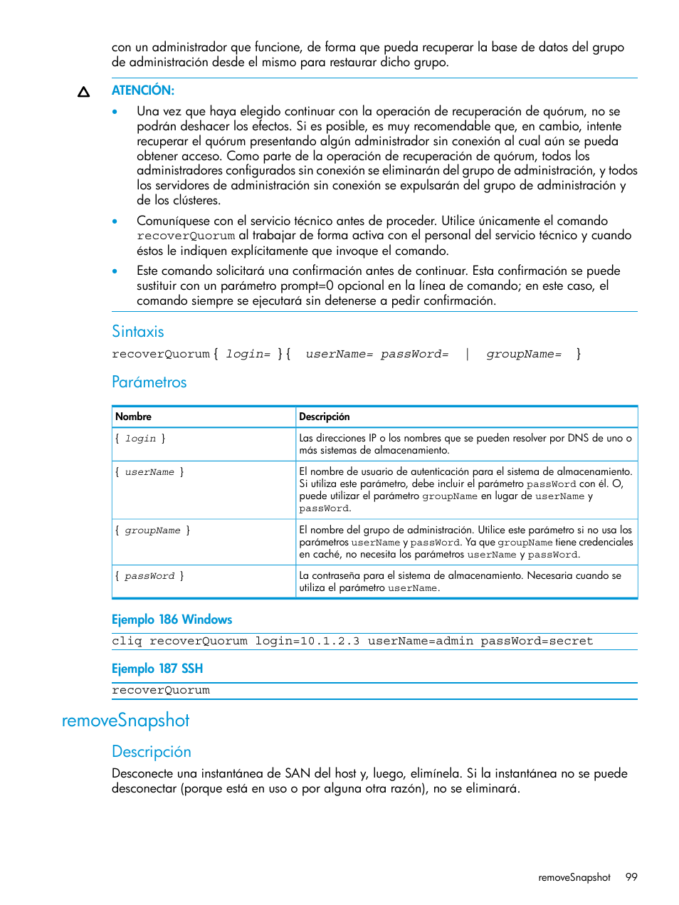 Removesnapshot, Sintaxis, Parámetros | Descripción | HP Software de dispositivo HP LeftHand P4000 Virtual SAN User Manual | Page 99 / 127