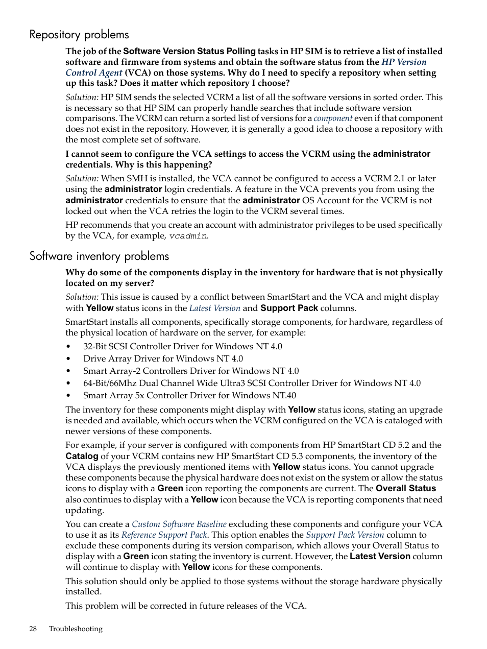 Repository problems, Software inventory problems, Repository problems software inventory problems | HP Integrity rx4640 Server User Manual | Page 28 / 53