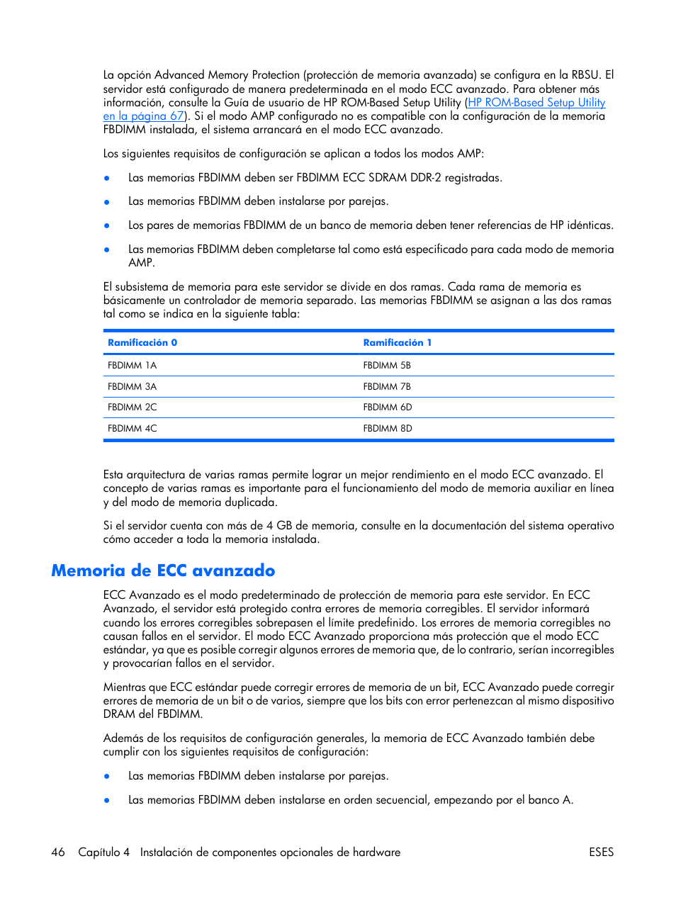 Memoria de ecc avanzado | HP Servidor HP ProLiant DL380 G5 User Manual | Page 54 / 137