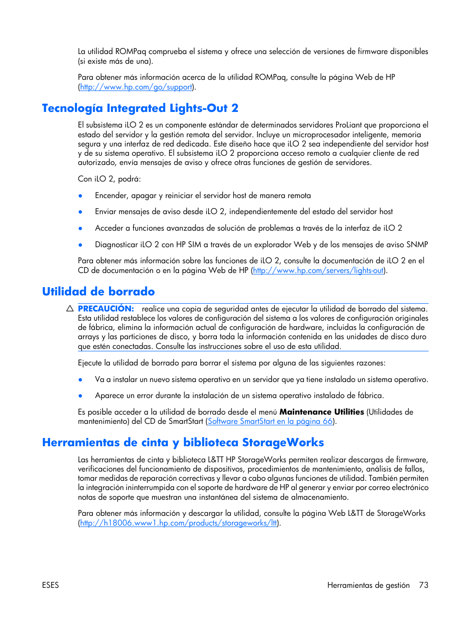 Tecnología integrated lights-out 2, Utilidad de borrado, Herramientas de cinta y biblioteca storageworks | HP Servidor HP ProLiant DL380 G5 User Manual | Page 81 / 137