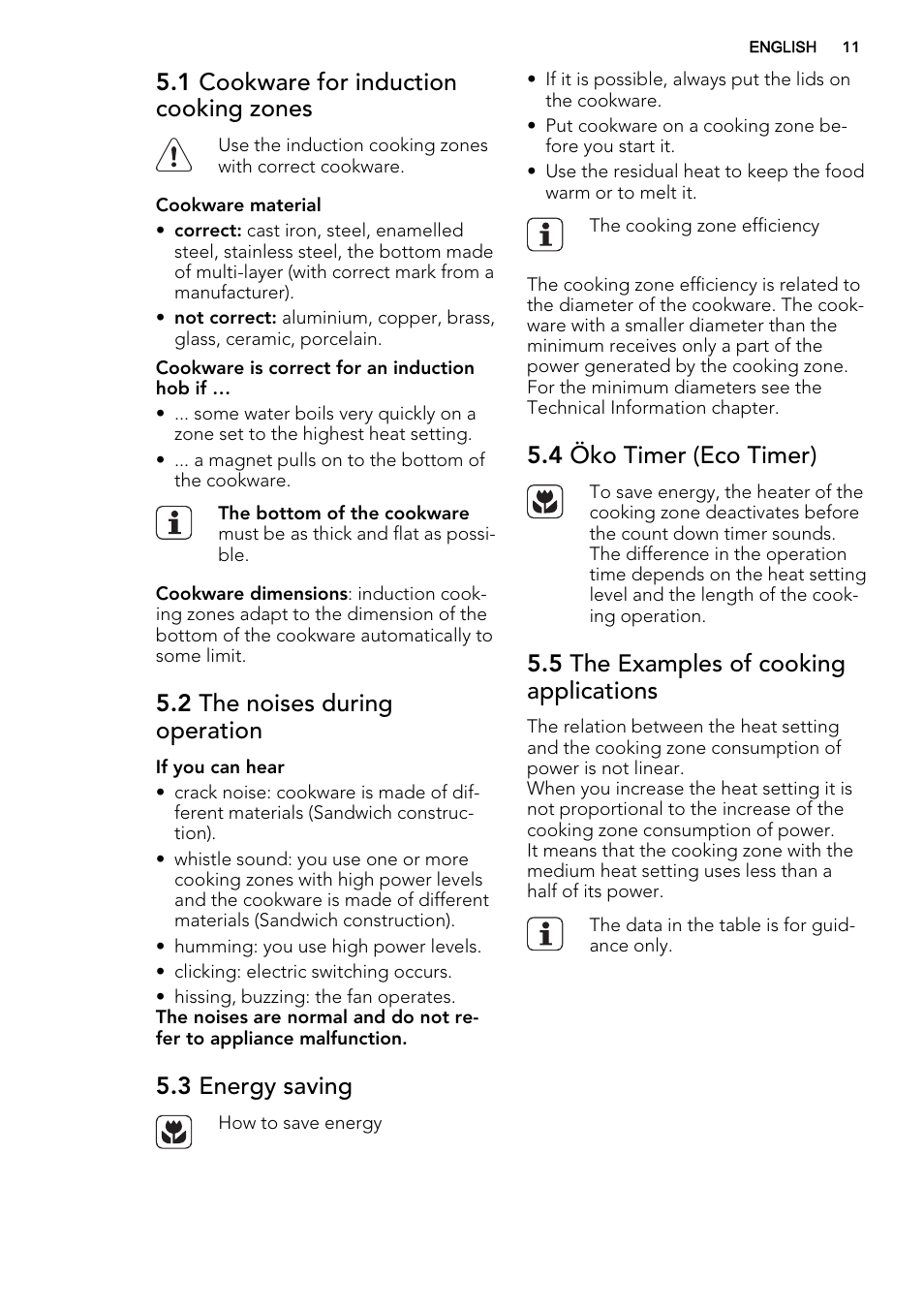 1 cookware for induction cooking zones, 2 the noises during operation, 3 energy saving | 4 öko timer (eco timer), 5 the examples of cooking applications | AEG HK854220IB User Manual | Page 11 / 56