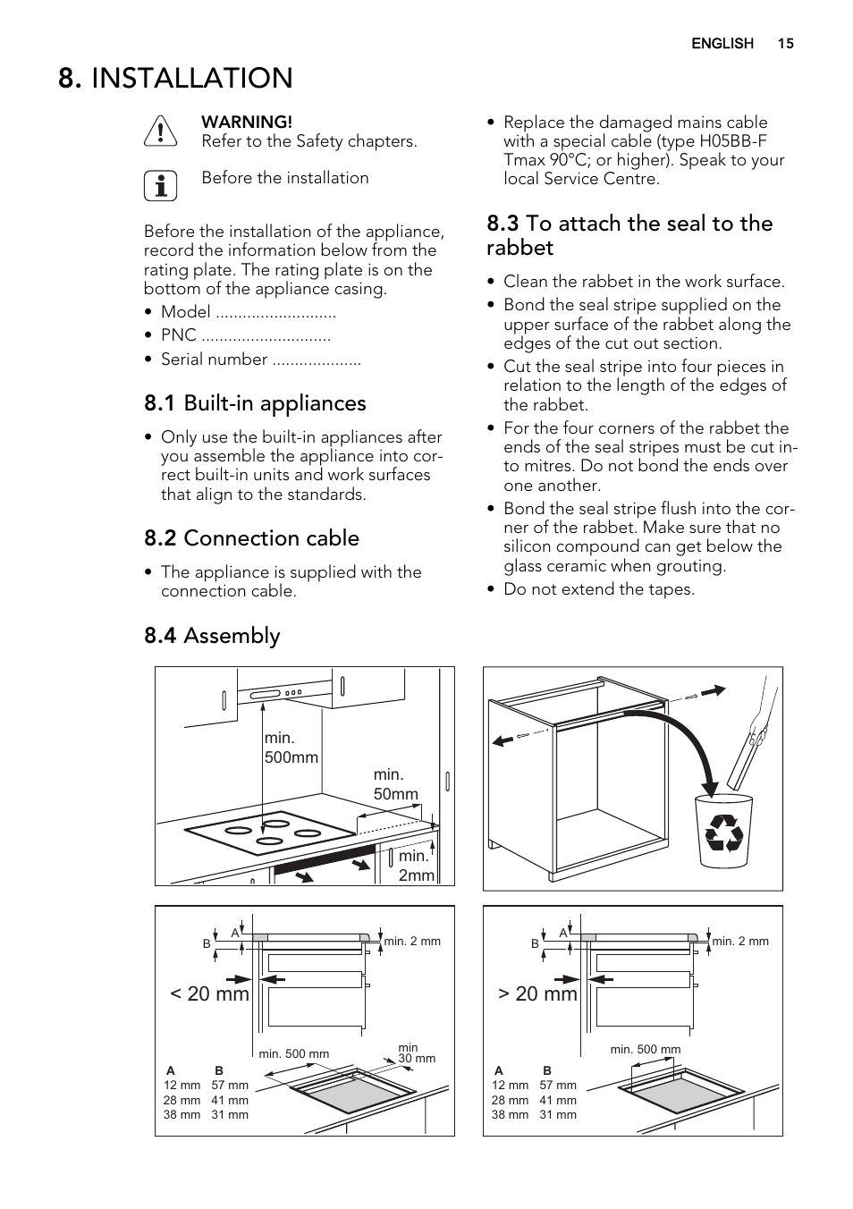 Installation, 1 built-in appliances, 2 connection cable | 3 to attach the seal to the rabbet, 4 assembly, 20 mm | AEG HK854220IB User Manual | Page 15 / 56
