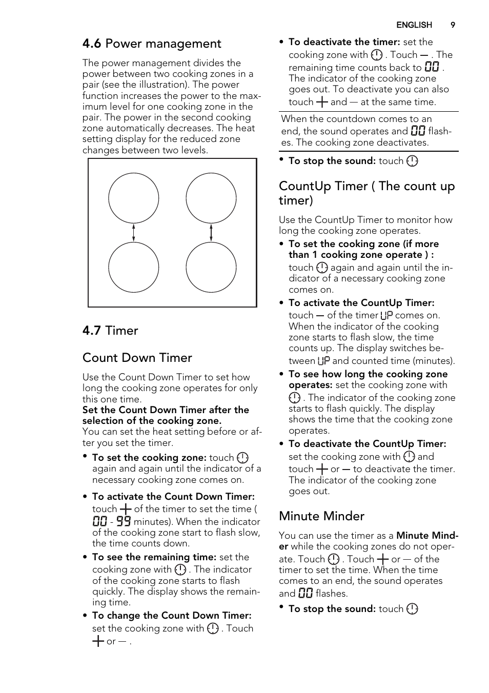6 power management, 7 timer count down timer, Countup timer ( the count up timer) | Minute minder | AEG HK854220IB User Manual | Page 9 / 56