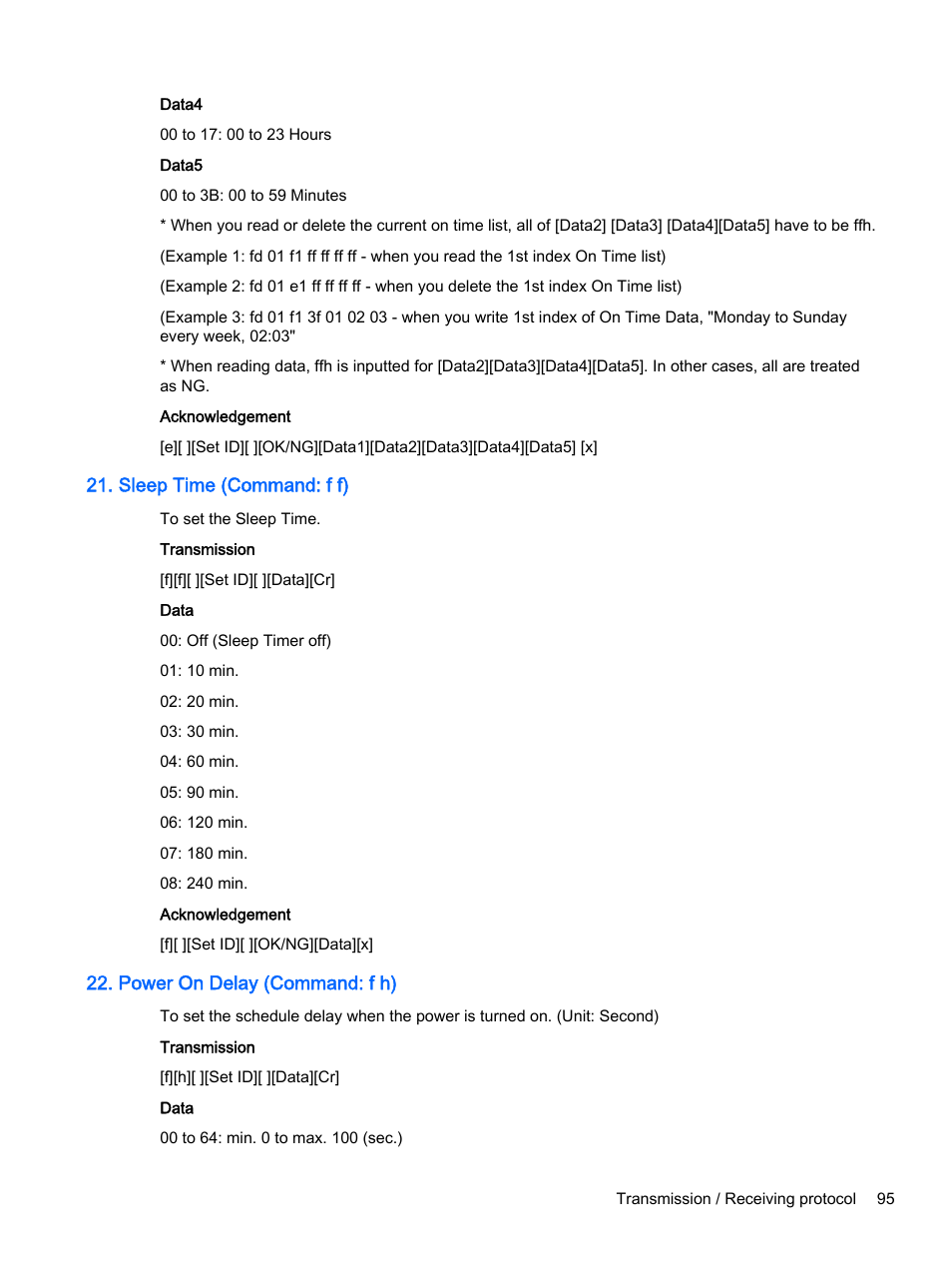 Sleep time (command: f f), Power on delay (command: f h) | HP Pantalla LED interactiva de 41.92 pulgadas HP LD4245tm Digital Signage User Manual | Page 105 / 117