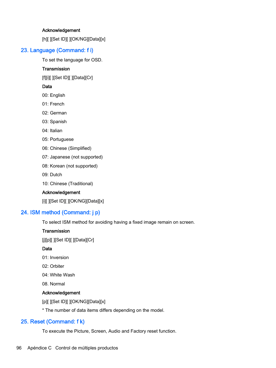 Language (command: f i), Ism method (command: j p), Reset (command: f k) | HP Pantalla LED interactiva de 41.92 pulgadas HP LD4245tm Digital Signage User Manual | Page 106 / 117