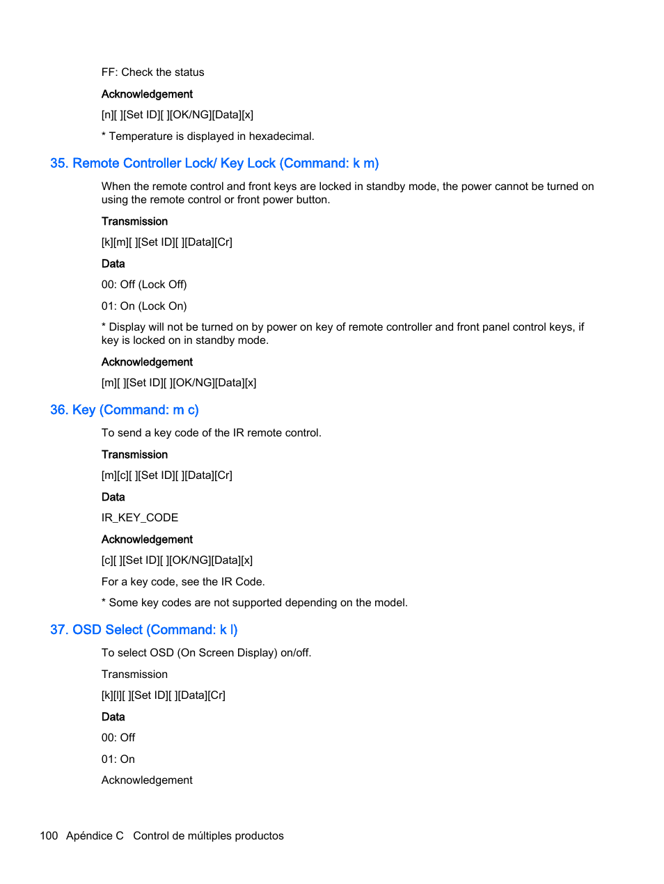 Remote controller lock/ key lock (command: k m), Key (command: m c), Osd select (command: k l) | HP Pantalla LED interactiva de 41.92 pulgadas HP LD4245tm Digital Signage User Manual | Page 110 / 117