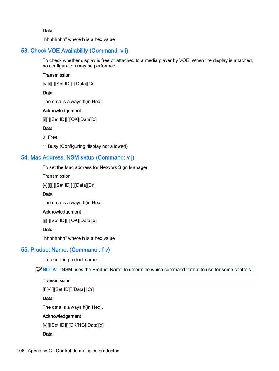 Check voe availability (command: v i), Mac address, nsm setup (command: v j), Product name. (command : f v) | HP Pantalla LED interactiva de 41.92 pulgadas HP LD4245tm Digital Signage User Manual | Page 116 / 117