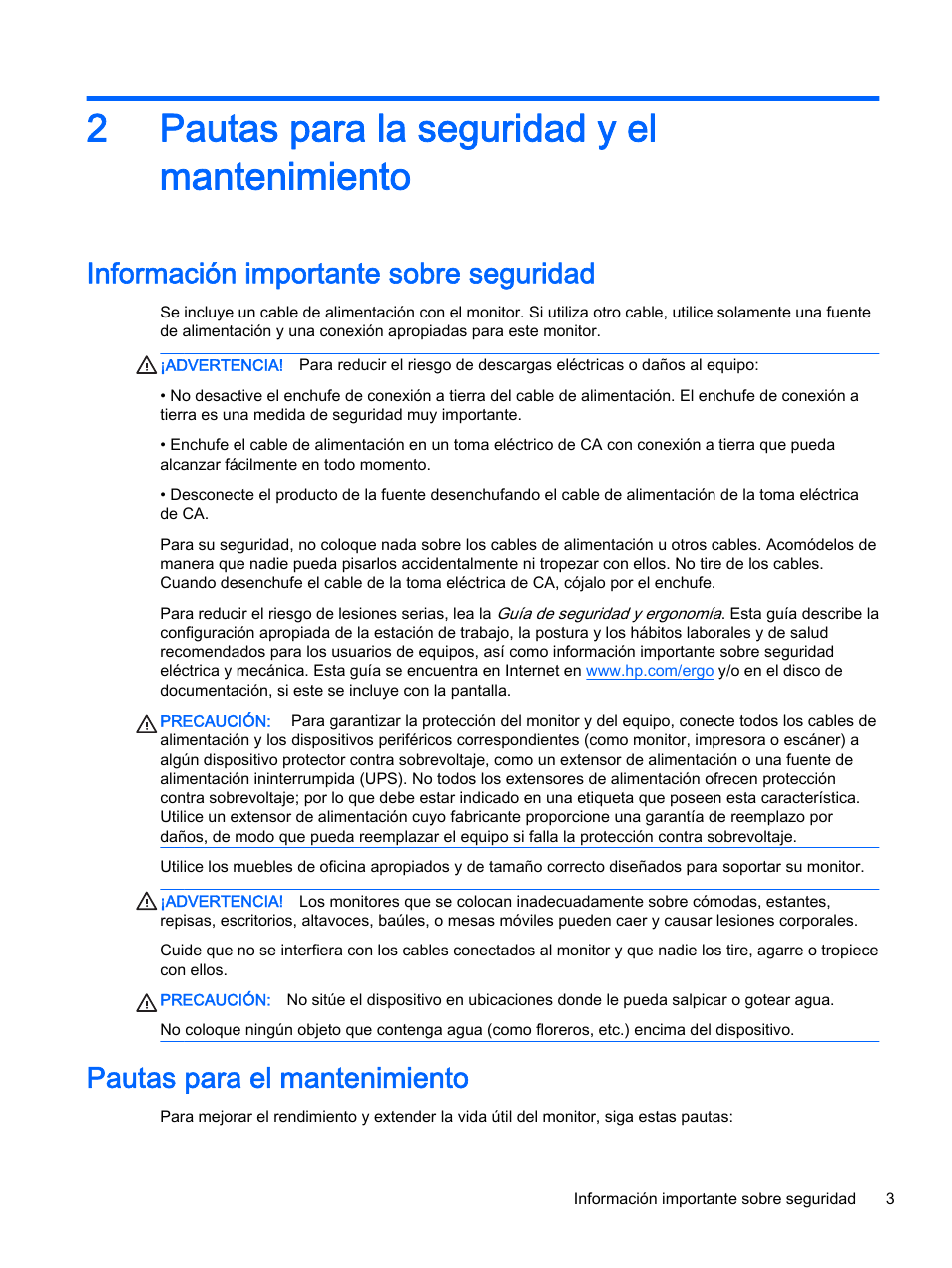 Pautas para la seguridad y el mantenimiento, Información importante sobre seguridad, Pautas para el mantenimiento | 2 pautas para la seguridad y el mantenimiento, 2pautas para la seguridad y el mantenimiento | HP Pantalla LED interactiva de 41.92 pulgadas HP LD4245tm Digital Signage User Manual | Page 13 / 117