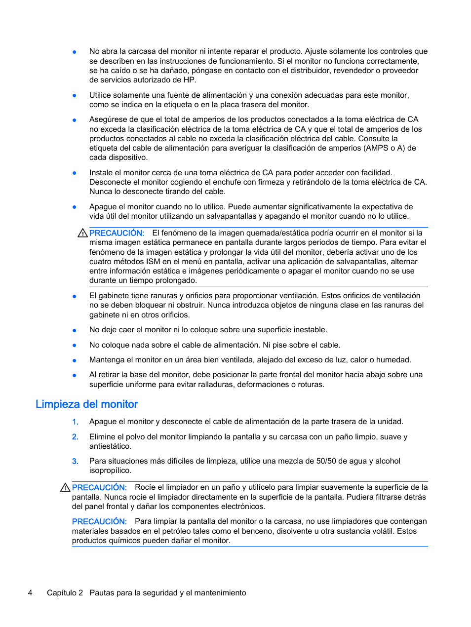 Limpieza del monitor | HP Pantalla LED interactiva de 41.92 pulgadas HP LD4245tm Digital Signage User Manual | Page 14 / 117