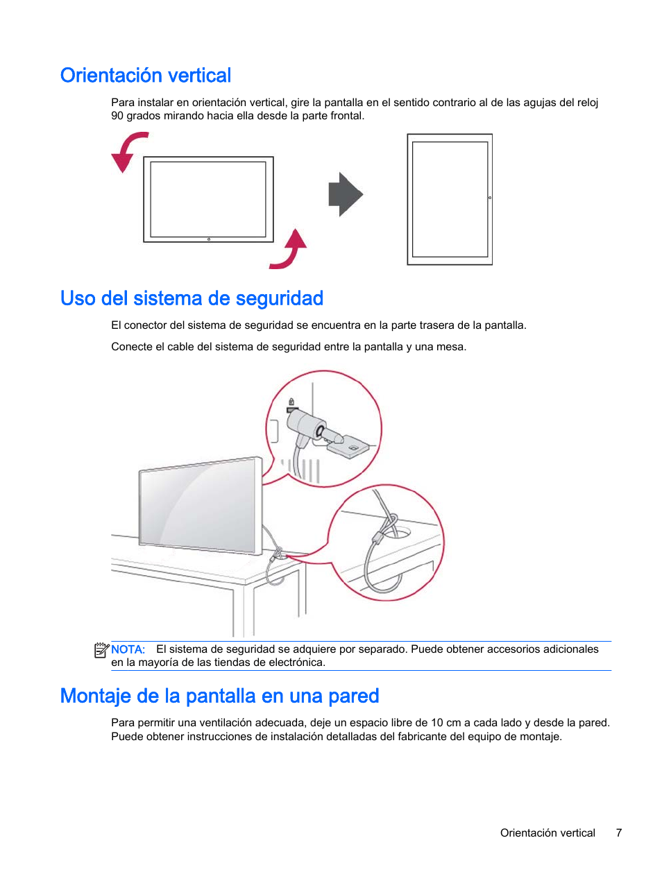 Orientación vertical, Uso del sistema de seguridad, Montaje de la pantalla en una pared | HP Pantalla LED interactiva de 41.92 pulgadas HP LD4245tm Digital Signage User Manual | Page 17 / 117