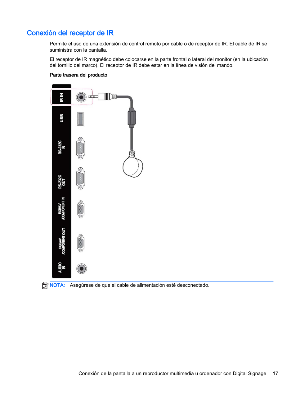 Conexión del receptor de ir | HP Pantalla LED interactiva de 41.92 pulgadas HP LD4245tm Digital Signage User Manual | Page 27 / 117