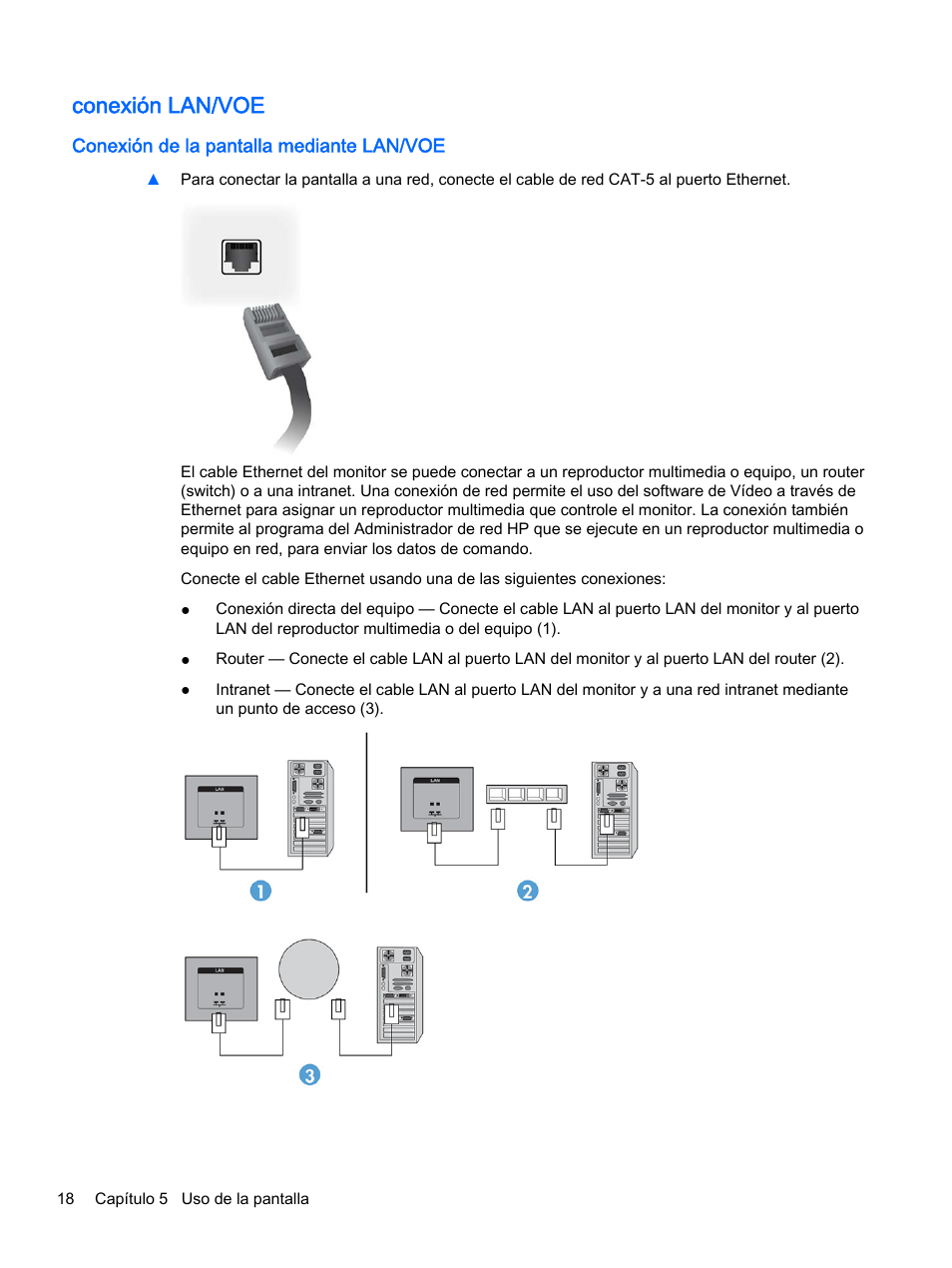 Conexión lan/voe, Conexión de la pantalla mediante lan/voe | HP Pantalla LED interactiva de 41.92 pulgadas HP LD4245tm Digital Signage User Manual | Page 28 / 117