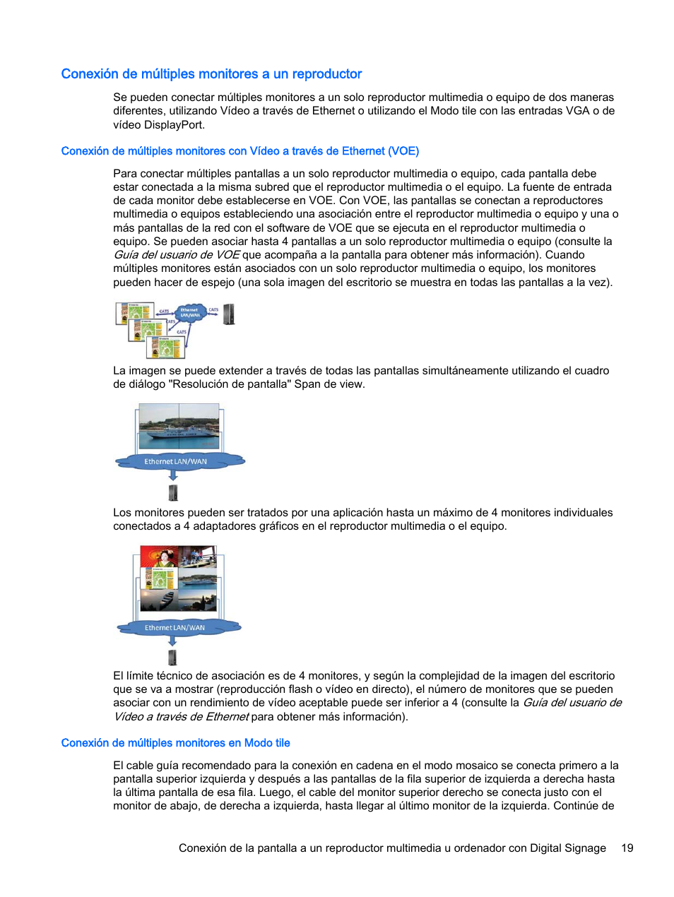 Conexión de múltiples monitores a un reproductor, Conexión de múltiples monitores en modo tile | HP Pantalla LED interactiva de 41.92 pulgadas HP LD4245tm Digital Signage User Manual | Page 29 / 117