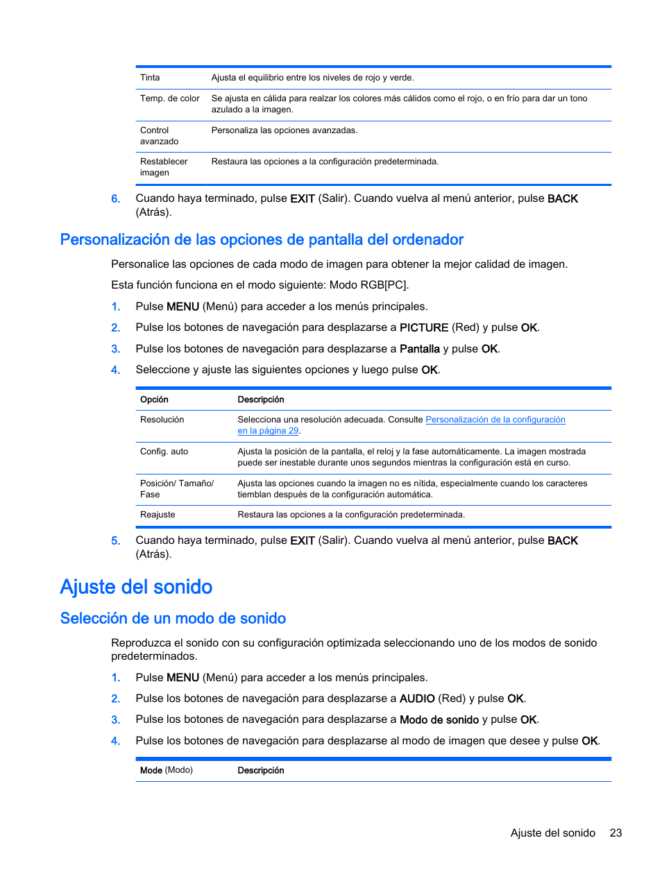 Ajuste del sonido, Selección de un modo de sonido | HP Pantalla LED interactiva de 41.92 pulgadas HP LD4245tm Digital Signage User Manual | Page 33 / 117