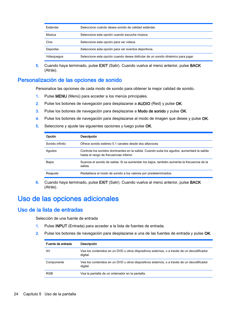 Personalización de las opciones de sonido, Uso de las opciones adicionales, Uso de la lista de entradas | HP Pantalla LED interactiva de 41.92 pulgadas HP LD4245tm Digital Signage User Manual | Page 34 / 117