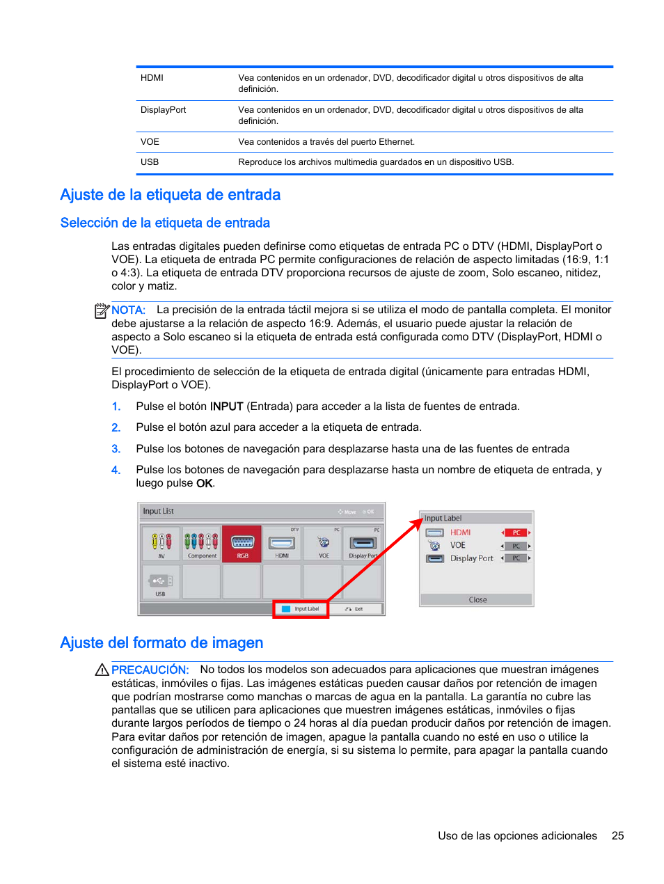 Ajuste de la etiqueta de entrada, Selección de la etiqueta de entrada, Ajuste del formato de imagen | HP Pantalla LED interactiva de 41.92 pulgadas HP LD4245tm Digital Signage User Manual | Page 35 / 117