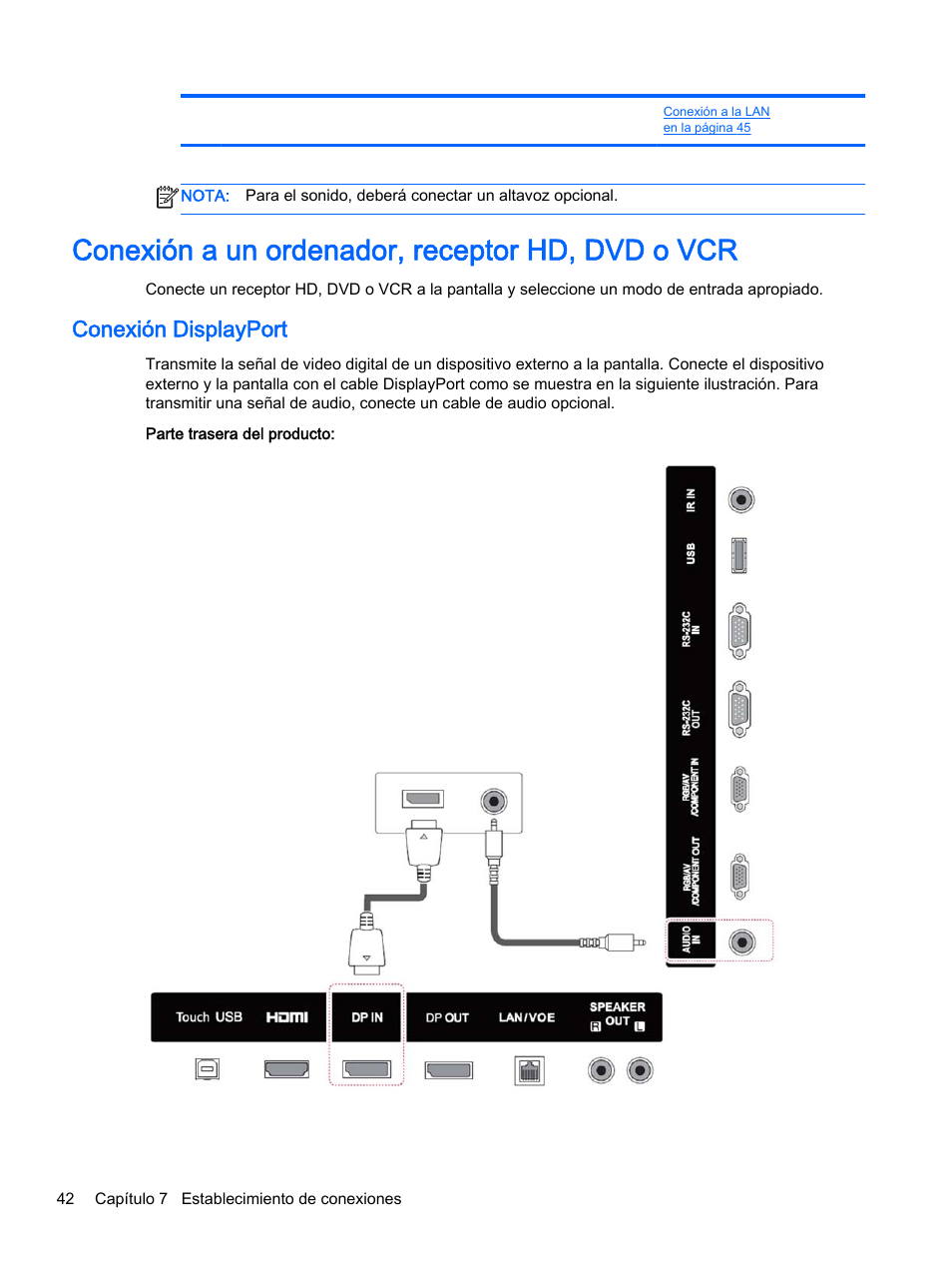 Conexión a un ordenador, receptor hd, dvd o vcr, Conexión displayport | HP Pantalla LED interactiva de 41.92 pulgadas HP LD4245tm Digital Signage User Manual | Page 52 / 117