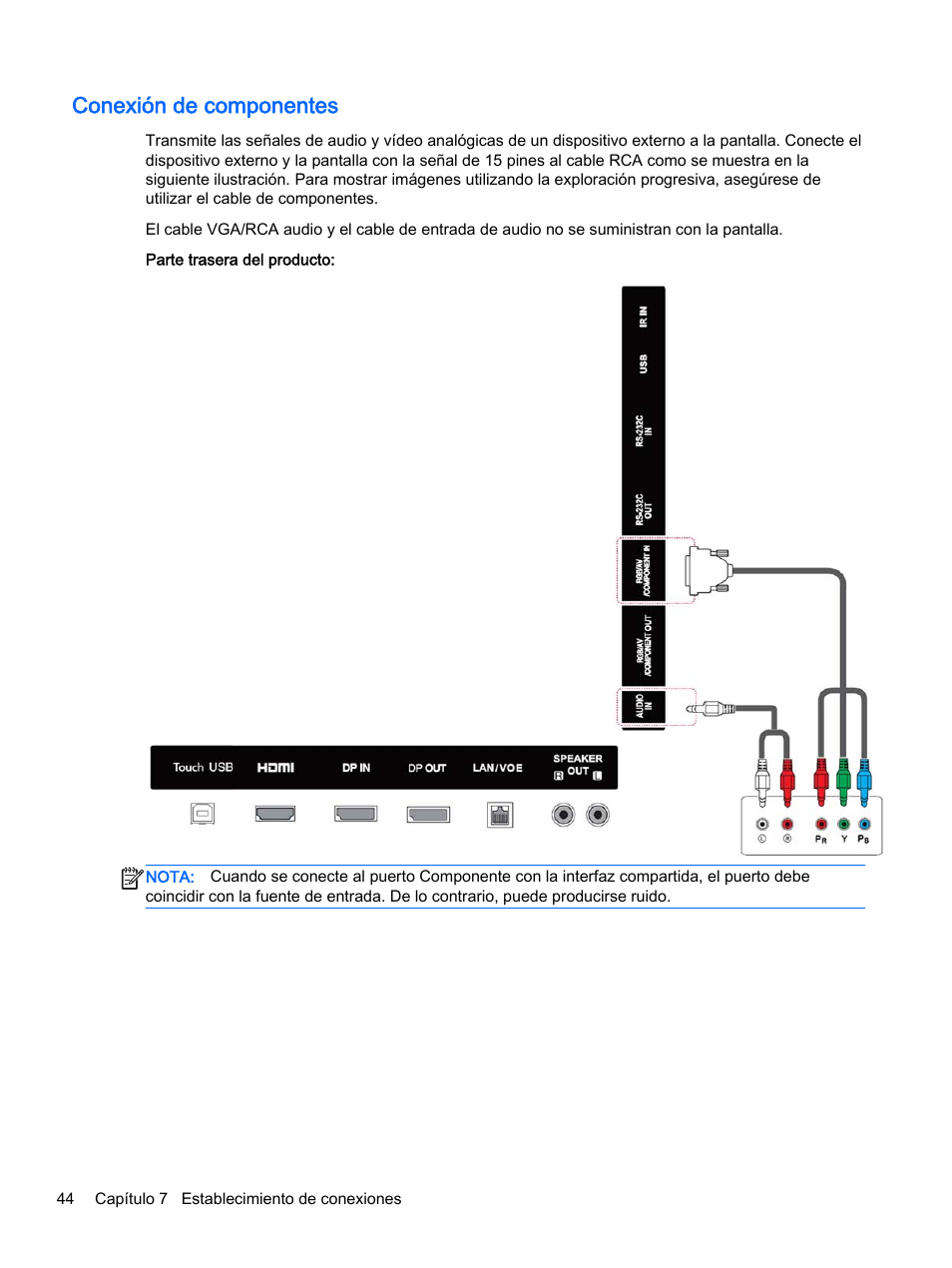 Conexión de componentes | HP Pantalla LED interactiva de 41.92 pulgadas HP LD4245tm Digital Signage User Manual | Page 54 / 117