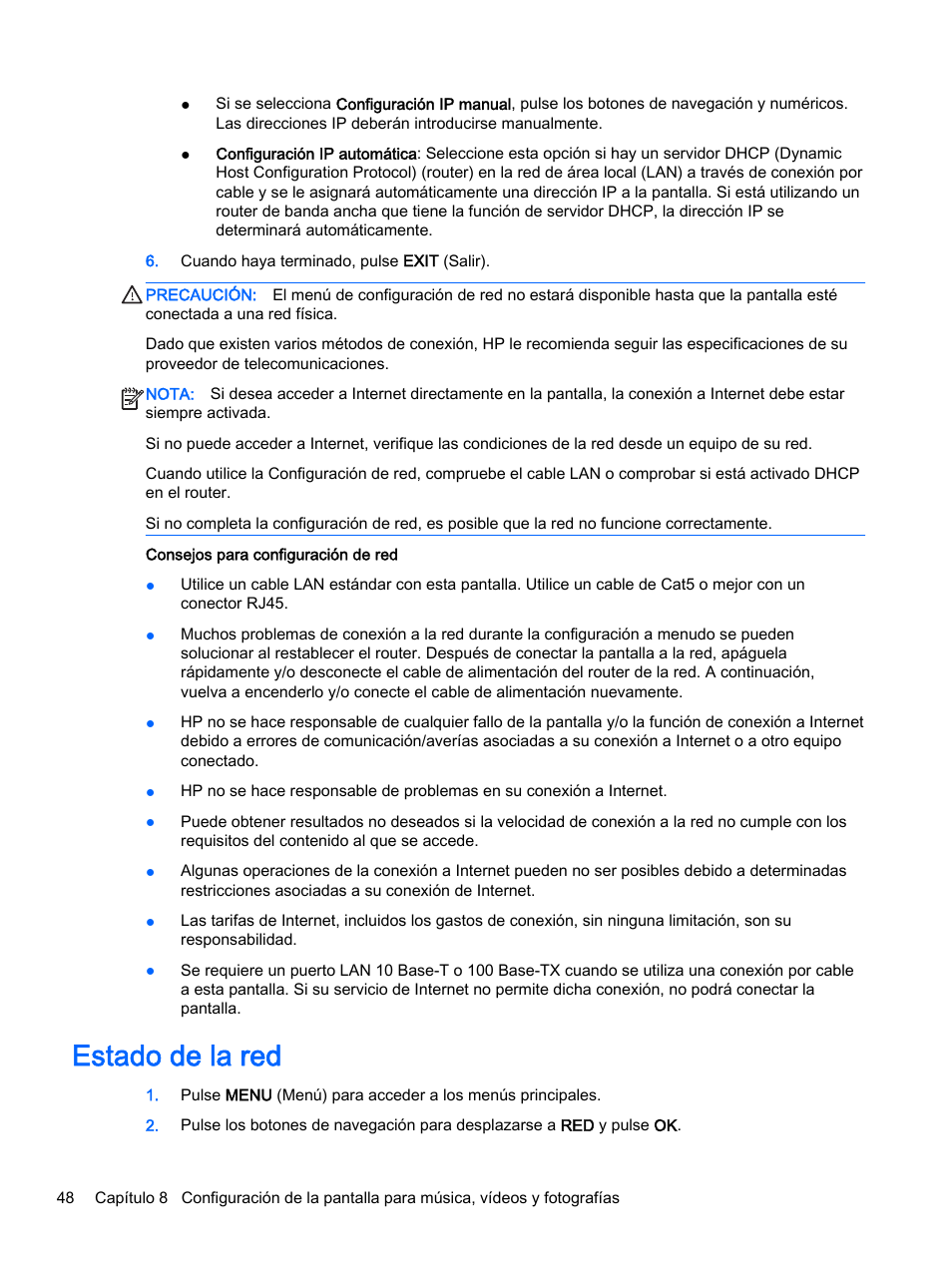 Estado de la red | HP Pantalla LED interactiva de 41.92 pulgadas HP LD4245tm Digital Signage User Manual | Page 58 / 117