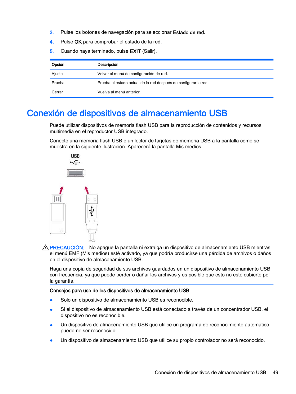 Conexión de dispositivos de almacenamiento usb | HP Pantalla LED interactiva de 41.92 pulgadas HP LD4245tm Digital Signage User Manual | Page 59 / 117