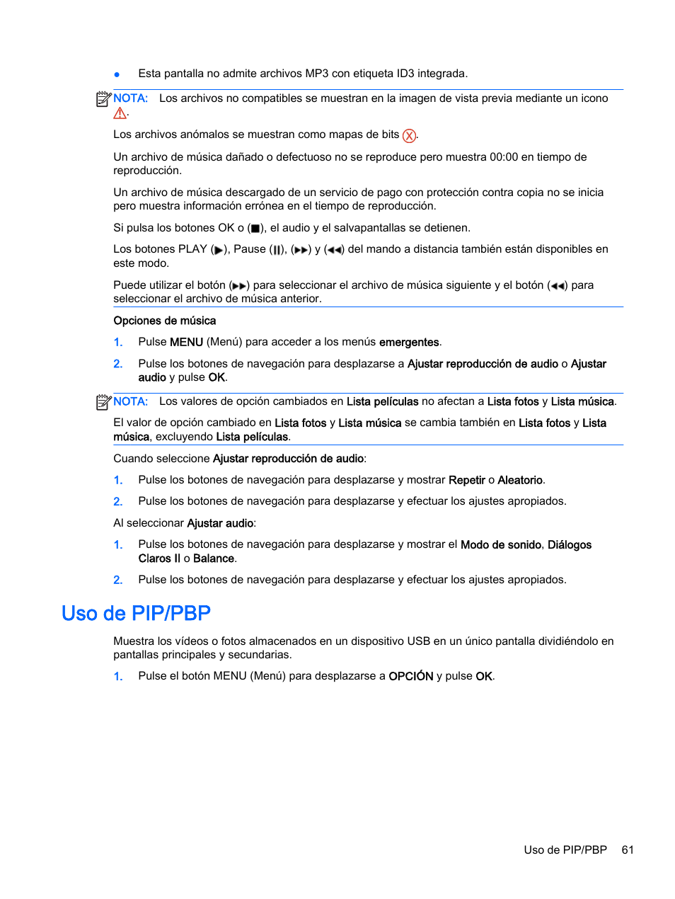 Uso de pip/pbp | HP Pantalla LED interactiva de 41.92 pulgadas HP LD4245tm Digital Signage User Manual | Page 71 / 117