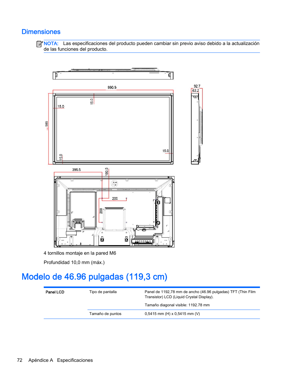 Dimensiones, Modelo de 46.96 pulgadas (119,3 cm) | HP Pantalla LED interactiva de 41.92 pulgadas HP LD4245tm Digital Signage User Manual | Page 82 / 117