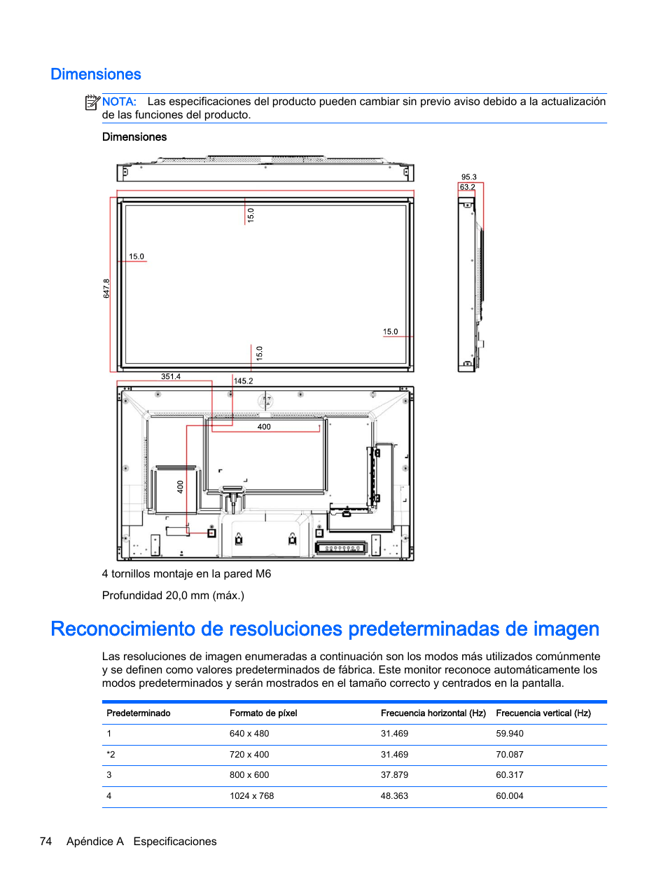 Dimensiones | HP Pantalla LED interactiva de 41.92 pulgadas HP LD4245tm Digital Signage User Manual | Page 84 / 117