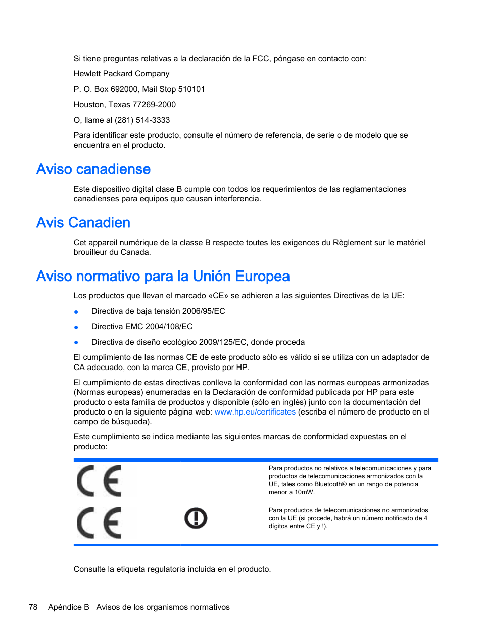 Aviso canadiense, Avis canadien, Aviso normativo para la unión europea | HP Pantalla LED interactiva de 41.92 pulgadas HP LD4245tm Digital Signage User Manual | Page 88 / 117