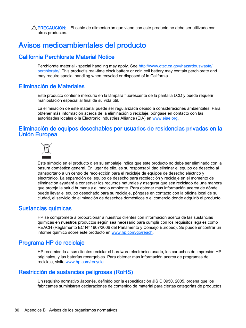 Avisos medioambientales del producto, California perchlorate material notice, Eliminación de materiales | Sustancias químicas, Programa hp de reciclaje, Restricción de sustancias peligrosas (rohs) | HP Pantalla LED interactiva de 41.92 pulgadas HP LD4245tm Digital Signage User Manual | Page 90 / 117
