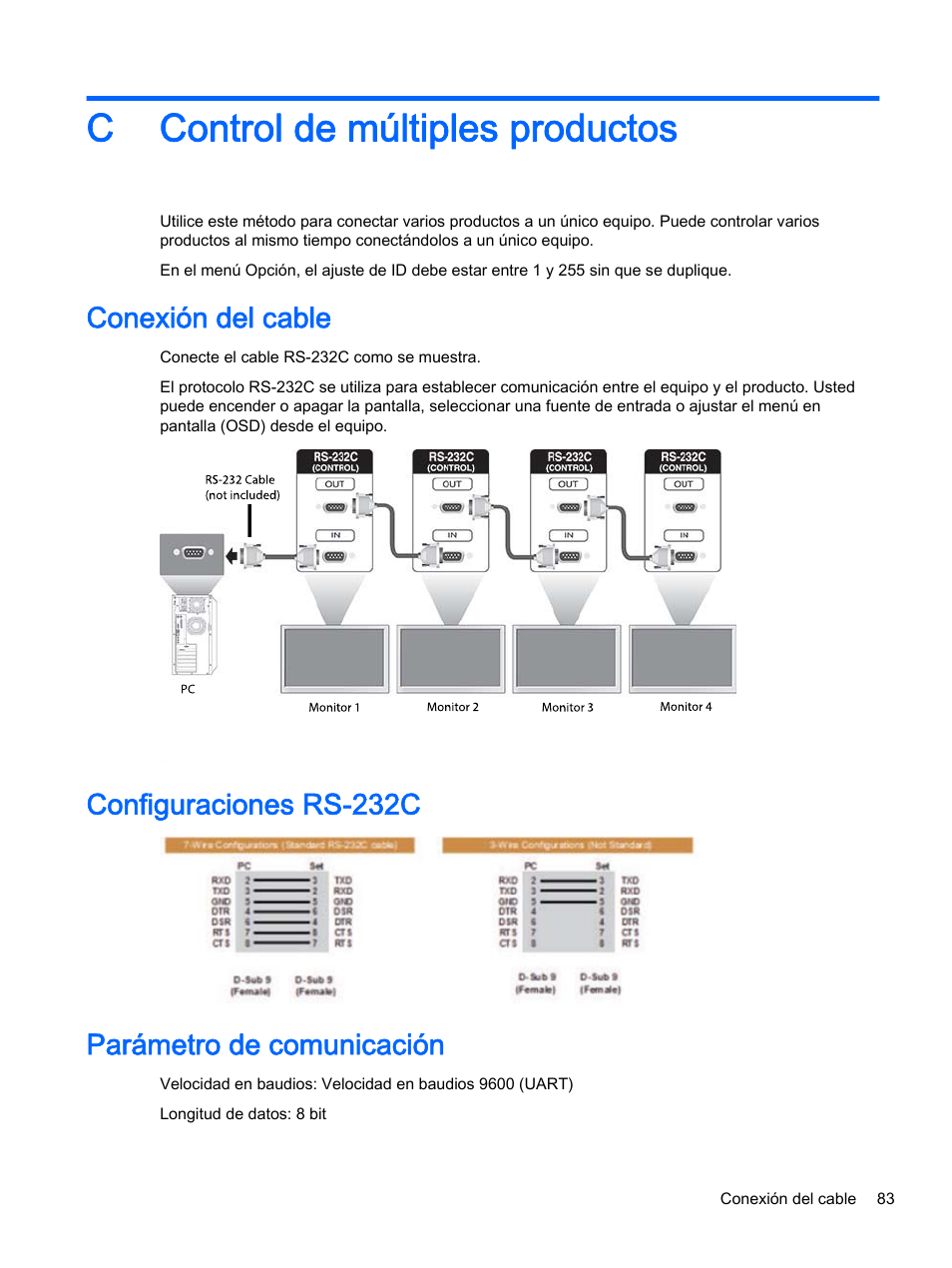 Control de múltiples productos, Conexión del cable, Configuraciones rs-232c | Parámetro de comunicación, Apéndice c control de múltiples productos, C control de múltiples productos, Configuraciones rs-232c parámetro de comunicación | HP Pantalla LED interactiva de 41.92 pulgadas HP LD4245tm Digital Signage User Manual | Page 93 / 117