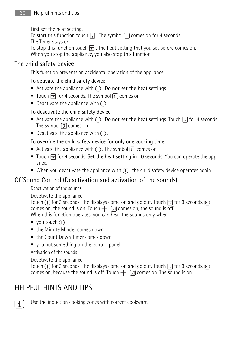 Helpful hints and tips, The child safety device | AEG HK764403IB User Manual | Page 30 / 72