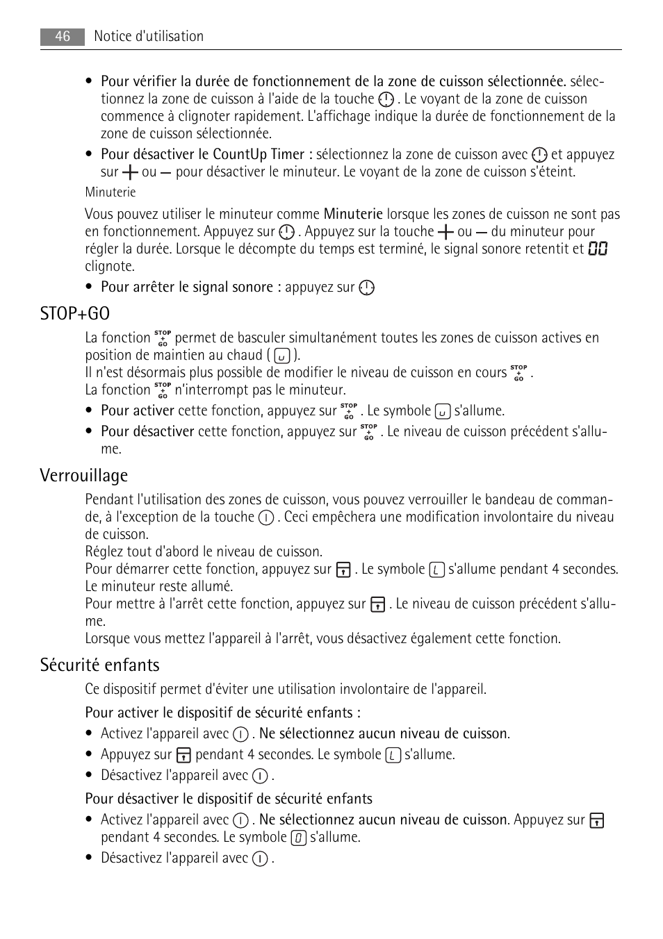 Stop+go, Verrouillage, Sécurité enfants | AEG HK764403IB User Manual | Page 46 / 72