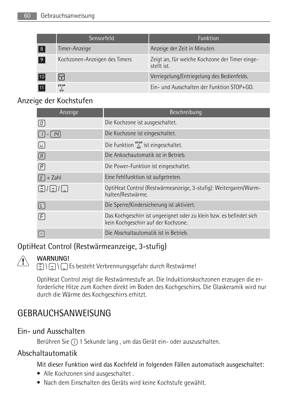 Gebrauchsanweisung, Anzeige der kochstufen, Optiheat control (restwärmeanzeige, 3-stufig) | Ein- und ausschalten, Abschaltautomatik | AEG HK764403IB User Manual | Page 60 / 72